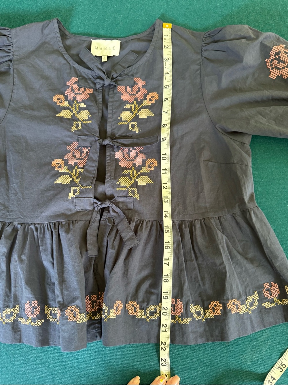 Mable Size Large Slate Blue Cropped Babydoll Peplum Hem Tie Front Embroidered - Picture 10 of 10